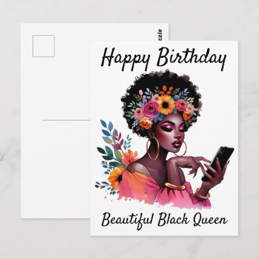 Gelukkige Verjaardag Mooie Zwarte Koningin Melanin Briefkaart (Voorkant / Achterkant)
