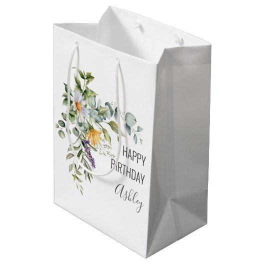 Gelukkige Verjaardag + Naam Bloemen Medium Cadeauzakje (Achterkant Gekanteld)
