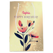 Gelukkige Verjaardag, Naam, Bloemen op Goud Medium Cadeauzakje (Voorkant)