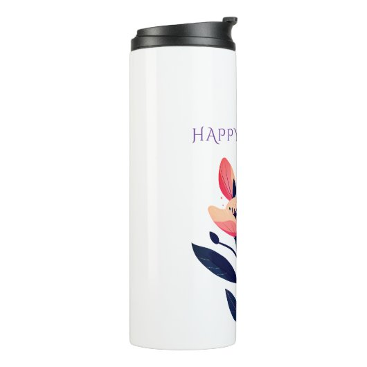 Gelukkige verjaardag, naam, bloemen op wit thermosbeker (Gedraaid links)