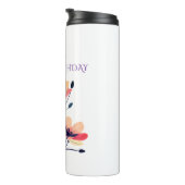 Gelukkige verjaardag, naam, bloemen op wit thermosbeker (Geroteerd rechts)