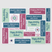 Gelukkige Verjaardag Naam Blue Mint Green Bourgogn Tissuepapier (Voorkant)