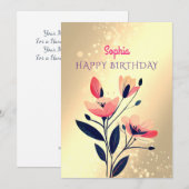 Gelukkige Verjaardag, Naam, Boodschap, Bloemen op Feestdagenkaart (Voorkant / Achterkant)