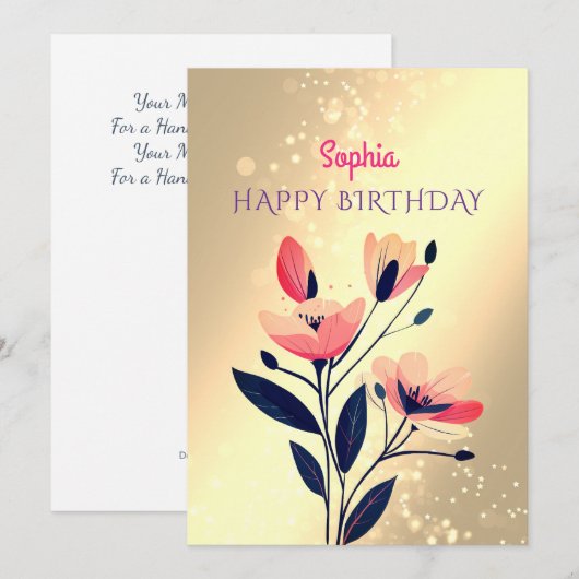 Gelukkige Verjaardag, Naam, Boodschap, Bloemen op  Feestdagenkaart (Voorkant / Achterkant)