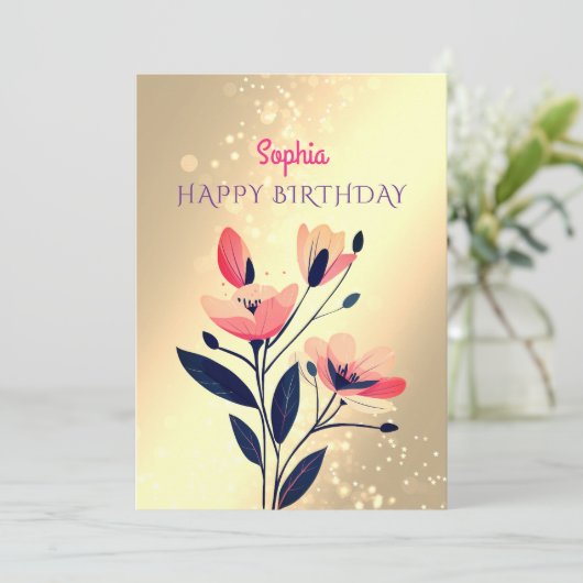 Gelukkige Verjaardag, Naam, Boodschap, Bloemen op  Feestdagenkaart (Staand voorkant)