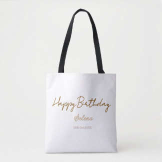 gelukkige verjaardag naam datum bruin paars pastel tote bag