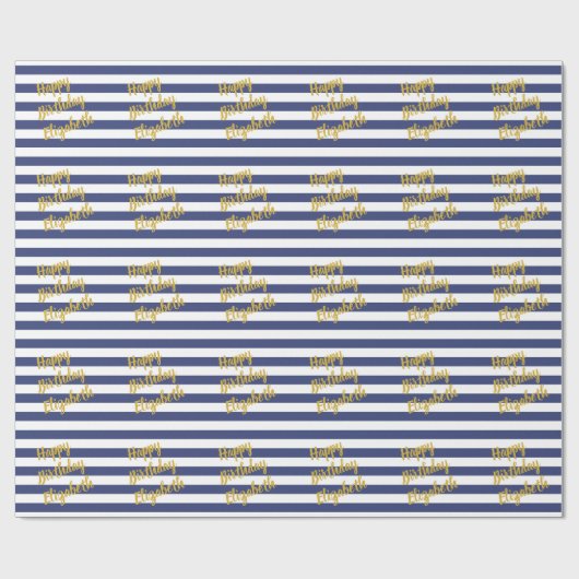 Gelukkige Verjaardag Naam Goud Script Blauw Witte  Cadeaupapier (Vlak)