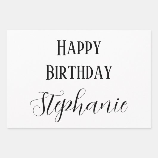 Gelukkige Verjaardag Naam Monogram Goud Zwart Wit Inpakpapier Vel (Voorkant 2)
