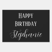 Gelukkige Verjaardag Naam Monogram Goud Zwart Wit Inpakpapier Vel (Voorkant)