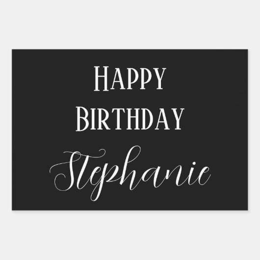 Gelukkige Verjaardag Naam Monogram Goud Zwart Wit Inpakpapier Vel (Voorkant)
