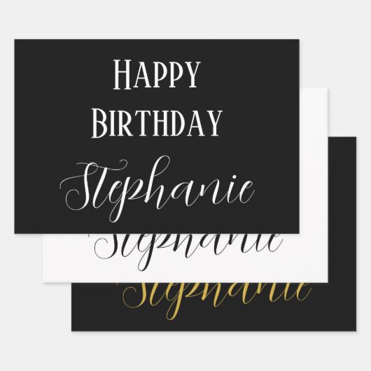 Gelukkige Verjaardag Naam Monogram Goud Zwart Wit Inpakpapier Vel (Set)
