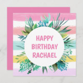 Gelukkige Verjaardag Naam Pastel Stripes Leaf Verj Feestdagenkaart (Voorkant / Achterkant)