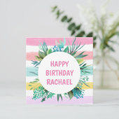 Gelukkige Verjaardag Naam Pastel Stripes Leaf Verj Feestdagenkaart (Staand voorkant)