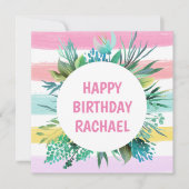 Gelukkige Verjaardag Naam Pastel Stripes Leaf Verj Feestdagenkaart (Voorkant)