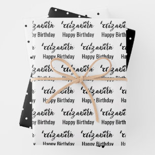 Gelukkige Verjaardag Naam Zwart en Wit Polka Dots Inpakpapier Vel