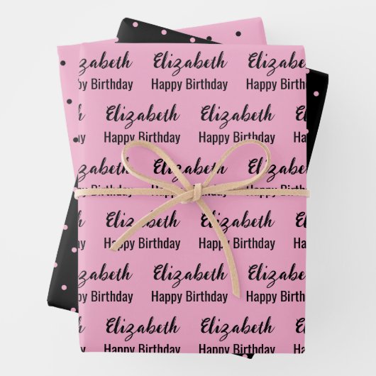 Gelukkige Verjaardag Naam Zwart Licht Roze Polka D Inpakpapier Vel (In situ)