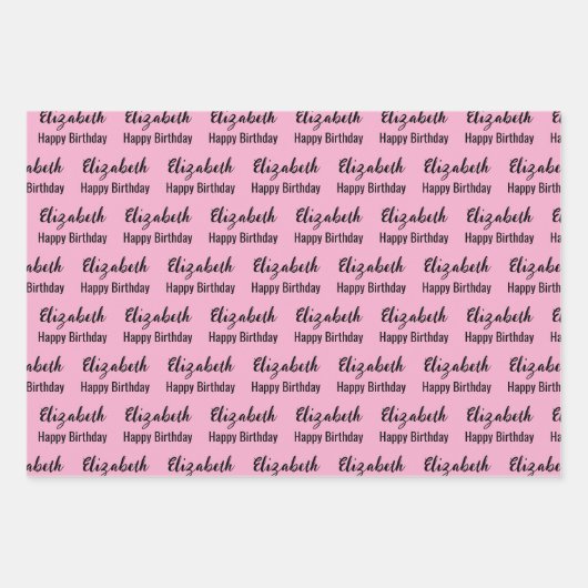 Gelukkige Verjaardag Naam Zwart Licht Roze Polka D Inpakpapier Vel (Voorkant)