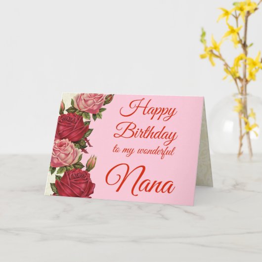 Gelukkige Verjaardag Nana Rood & Roze Rozen Kaart (Gele Bloem)