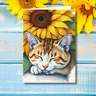 Gelukkige verjaardag Napping kat en zonnebloem Kaart