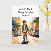 Gelukkige verjaardag neef | skateboarder kaart (Gele Bloem)