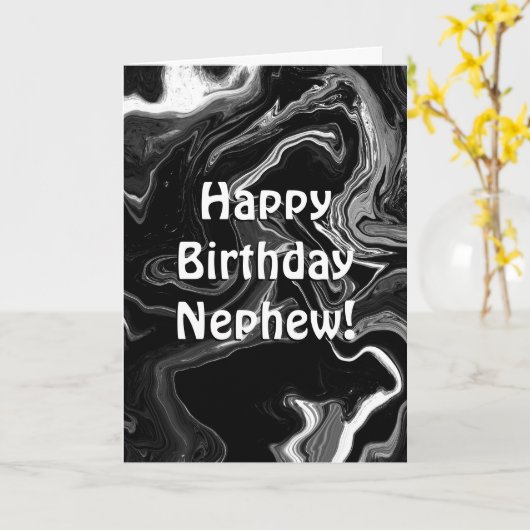 Gelukkige verjaardag neef | Zwart en wit marmer Kaart (Gele Bloem)
