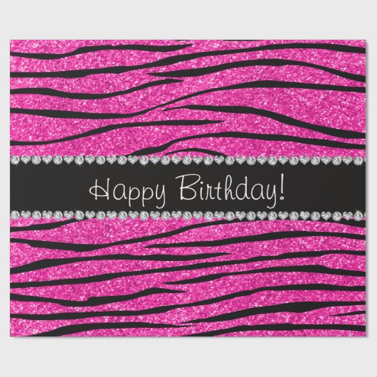 Gelukkige verjaardag neon heet roze glitter zebra  cadeaupapier (Vlak)