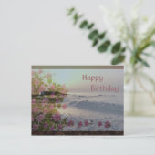 Gelukkige Verjaardag - Ocean & Bougainvillea bloem Briefkaart (Staand voorkant)