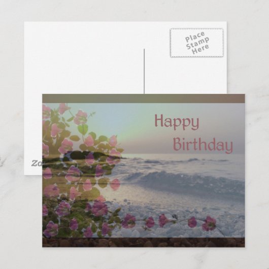 Gelukkige Verjaardag - Ocean & Bougainvillea bloem Briefkaart (Voorkant / Achterkant)