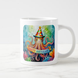 Gelukkige verjaardag Octopus Feesthoed Watercolor Grote Koffiekop