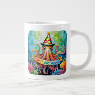 Gelukkige verjaardag Octopus Feesthoed Watercolor Grote Koffiekop