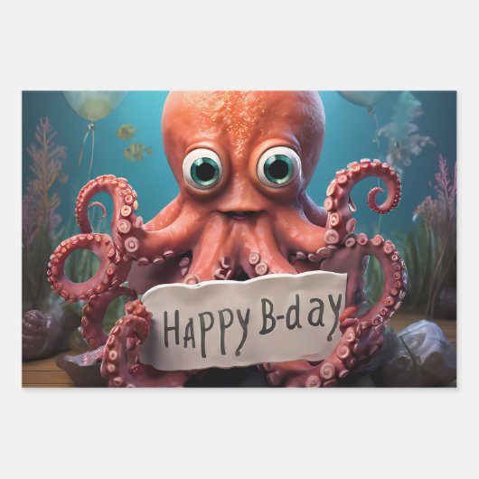 Gelukkige Verjaardag Octopus Inpakpapier Vel (Voorkant 3)