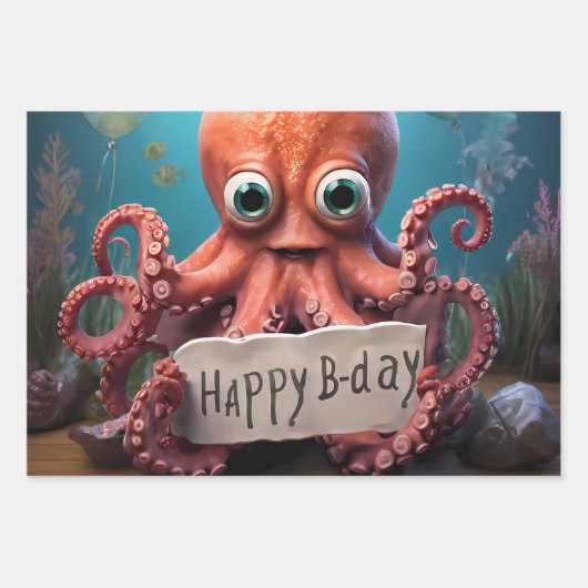 Gelukkige Verjaardag Octopus Inpakpapier Vel (Voorkant)