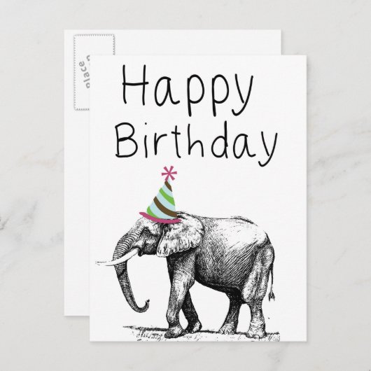Gelukkige Verjaardag Olifant in Pet, Feest Uitnodiging Briefkaart (Voorkant / Achterkant)