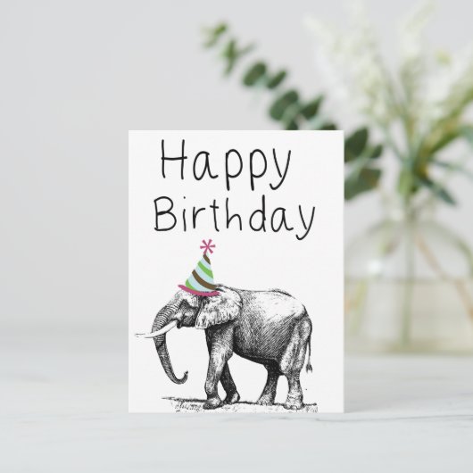 Gelukkige Verjaardag Olifant in Pet, Feest Uitnodiging Briefkaart (Staand voorkant)