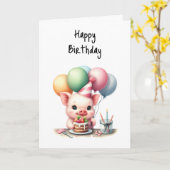 Gelukkige Verjaardag om Pig Out op Cake Ballons Kaart (Gele Bloem)