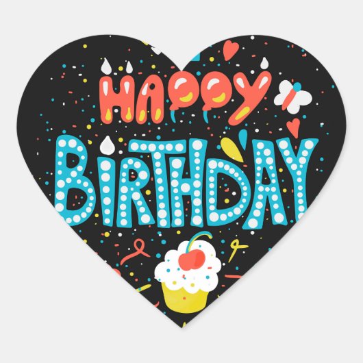 Gelukkige Verjaardag op Zwart Hart Sticker (Voorkant)