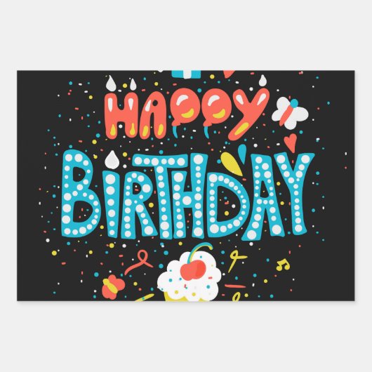Gelukkige Verjaardag op Zwart Inpakpapier Vel (Voorkant 3)
