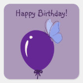Gelukkige verjaardag! Paarse ballon en blauwe vlin Vierkante Sticker (Voorkant)
