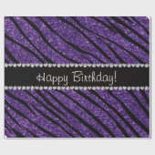 Gelukkige verjaardag paarse glitter zebra strepen cadeaupapier (Vlak)