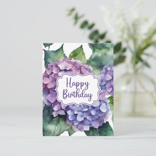 Gelukkige Verjaardag Paarse Hydrangea Bloemen Briefkaart (Staand voorkant)