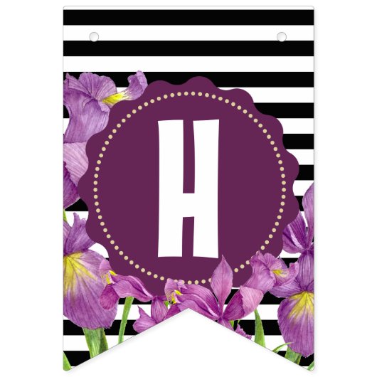 Gelukkige Verjaardag Paarse Iris Zwart Witte Strep Vlaggetjes (Tweede vlag)