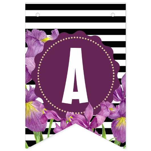 Gelukkige Verjaardag Paarse Iris Zwart Witte Strep Vlaggetjes (Derde vlag)