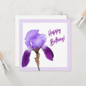 Gelukkige verjaardag  paarse lente iris floral kaart (Voorkant / Achterkant in situ)