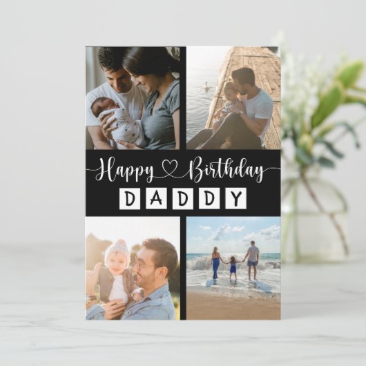 Gelukkige Verjaardag Papa Zwart & Wit Fotocollage Feestdagenkaart (Staand voorkant)