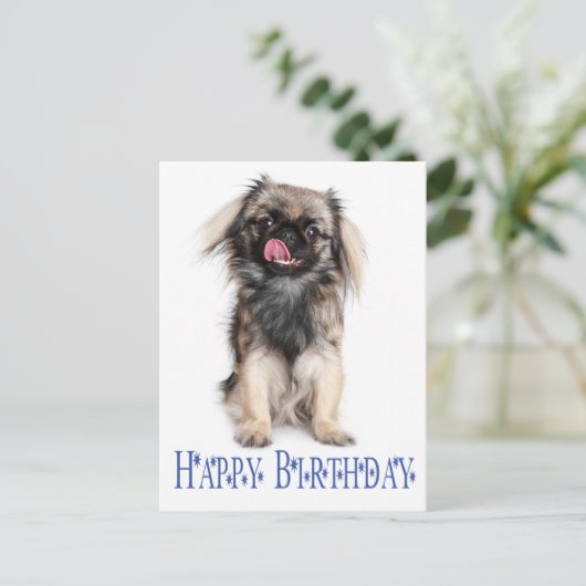 Gelukkige Verjaardag Pekinees Puppy Hondenblauw Briefkaart (Staand voorkant)