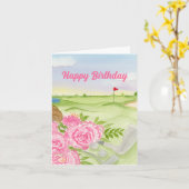 Gelukkige verjaardag pioenen op golfbaan kaart (Gele Bloem)