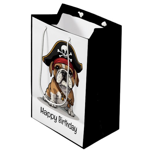 Gelukkige Verjaardag Pirate Engels Bulldog Skull Medium Cadeauzakje (Voorkant Gekanteld)