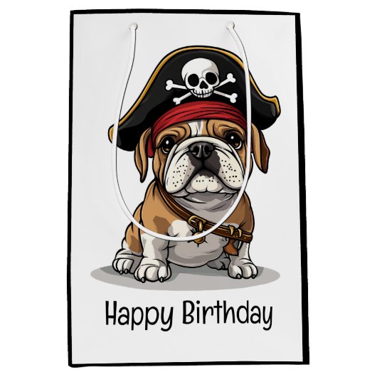 Gelukkige Verjaardag Pirate Engels Bulldog Skull Medium Cadeauzakje (Voorkant)