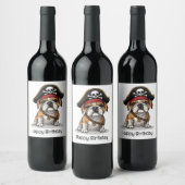 Gelukkige Verjaardag Pirate Engels Bulldog Skull Wijn Etiket (Flessen)