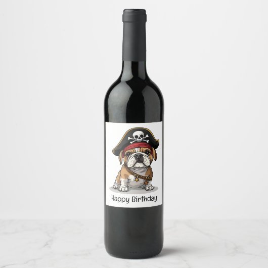Gelukkige Verjaardag Pirate Engels Bulldog Skull Wijn Etiket (Voorkant)
